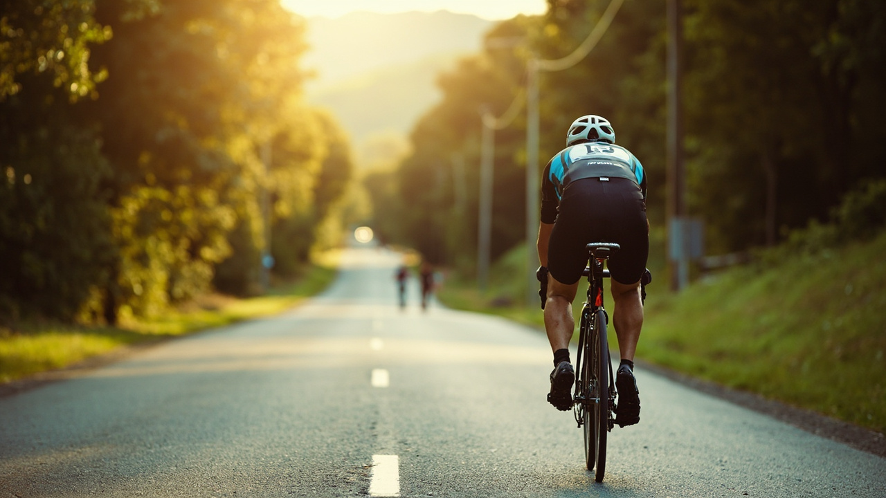 person cycling on scenic country road in daylight