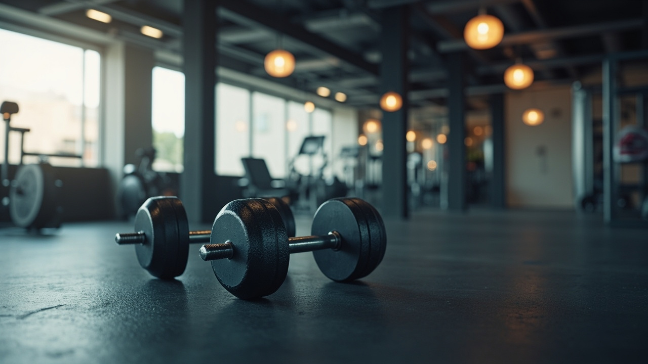 dumbbells on gym floor in modern gym